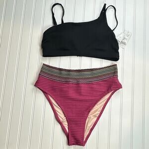 Cupshe Women Pink Stripe Bikini Set High Waist Textured 2 Piece L NWT